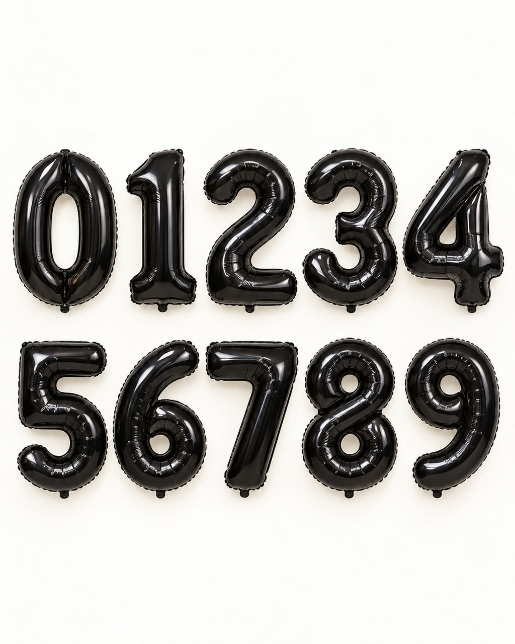 Black foil number balloons from 0 to 9, arranged in two rows