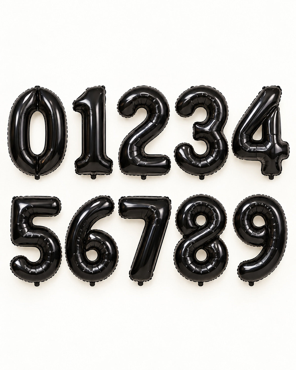 Black foil number balloons from 0 to 9, arranged in two rows