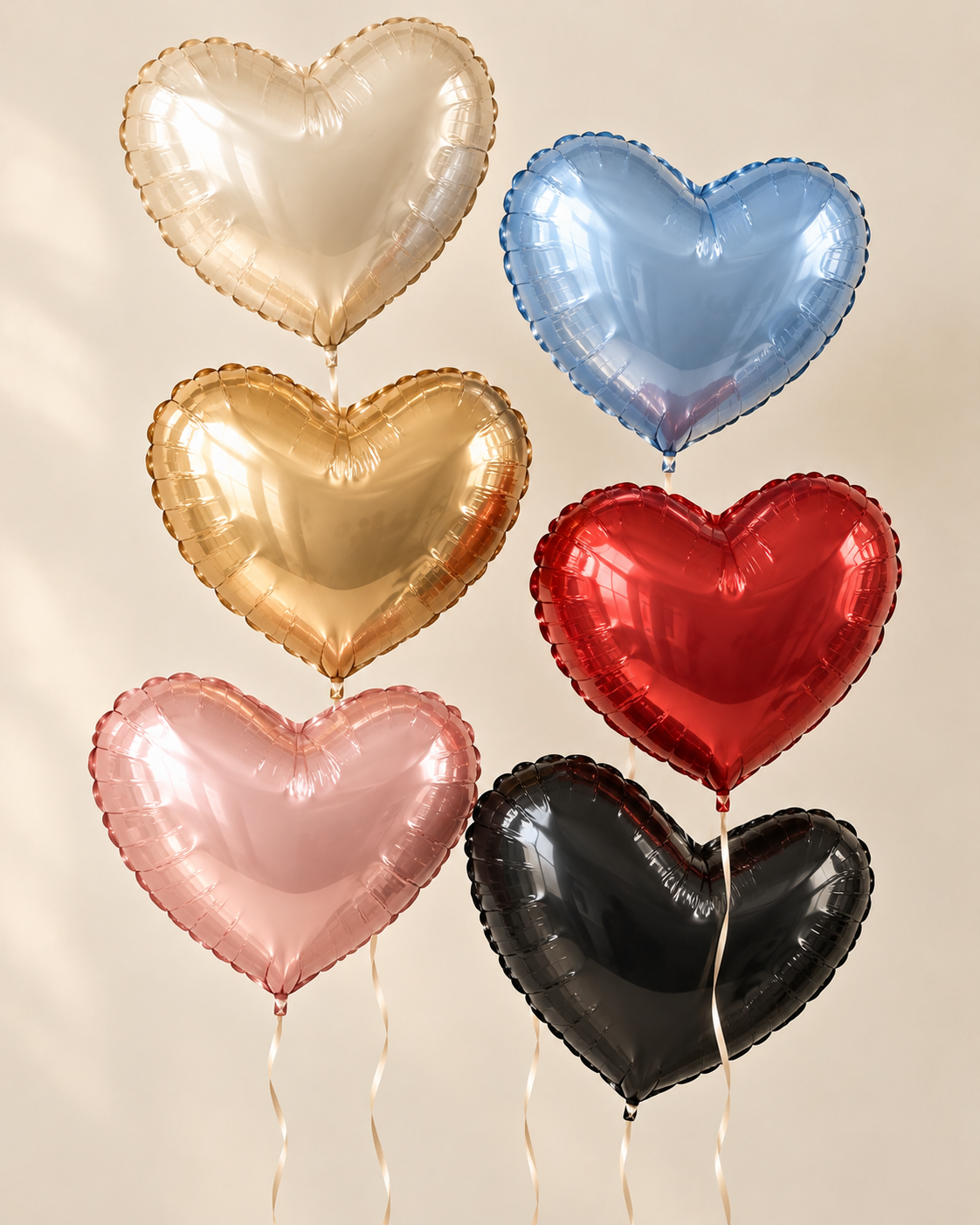 Ivory, champagne gold, baby blue, blush pink, red and black heart-shaped foil balloons with thin ivory ribbons