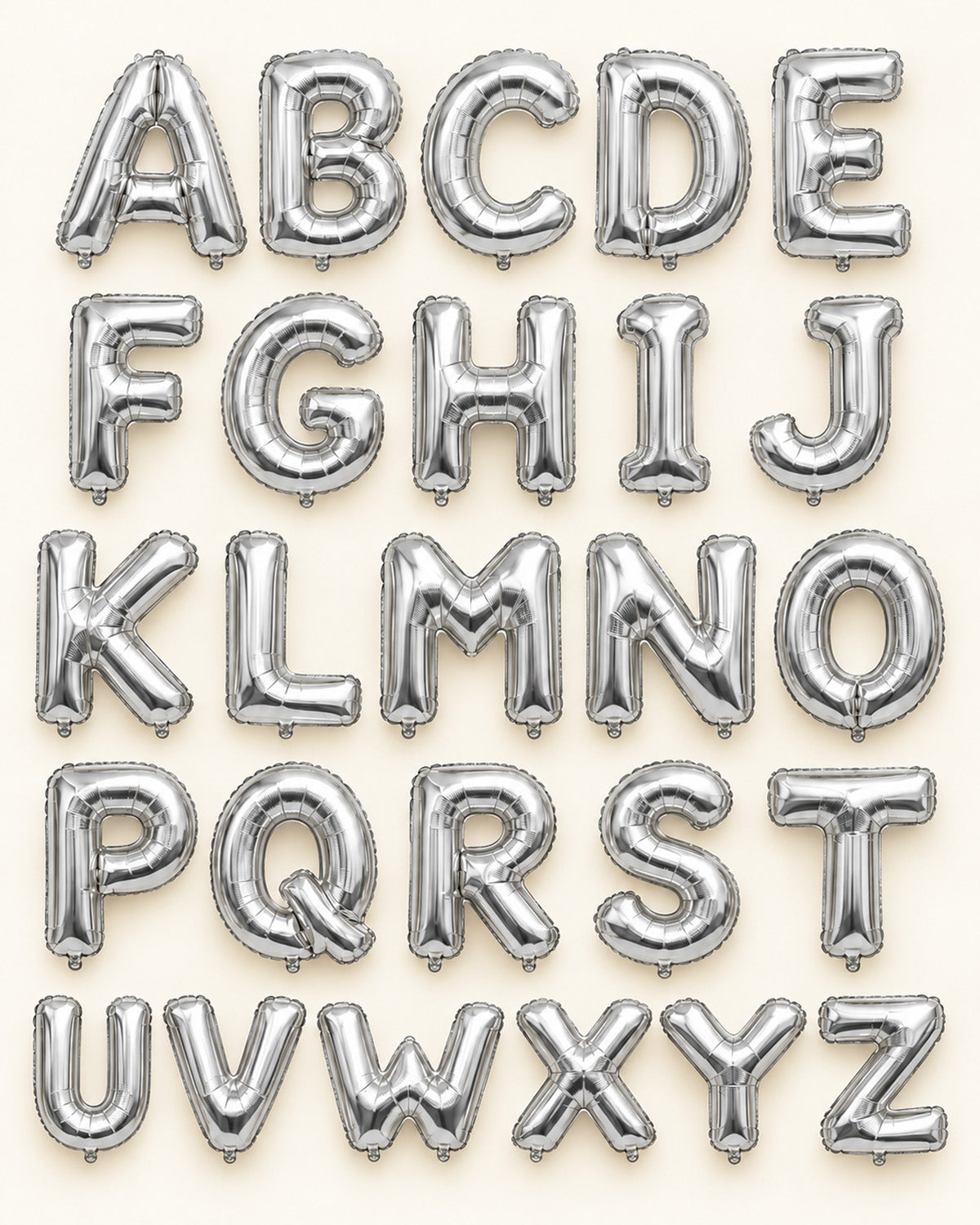 Silver foil letter balloons A-Z arranged in alphabetical rows