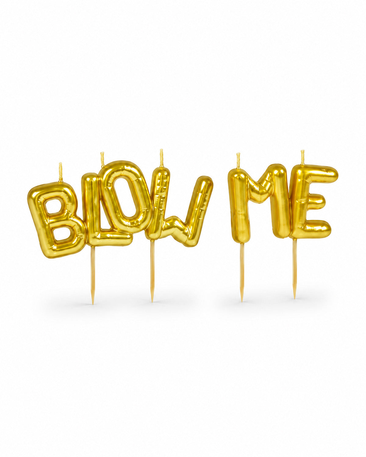 Gold balloon-style letter candles spelling "BLOW ME" 