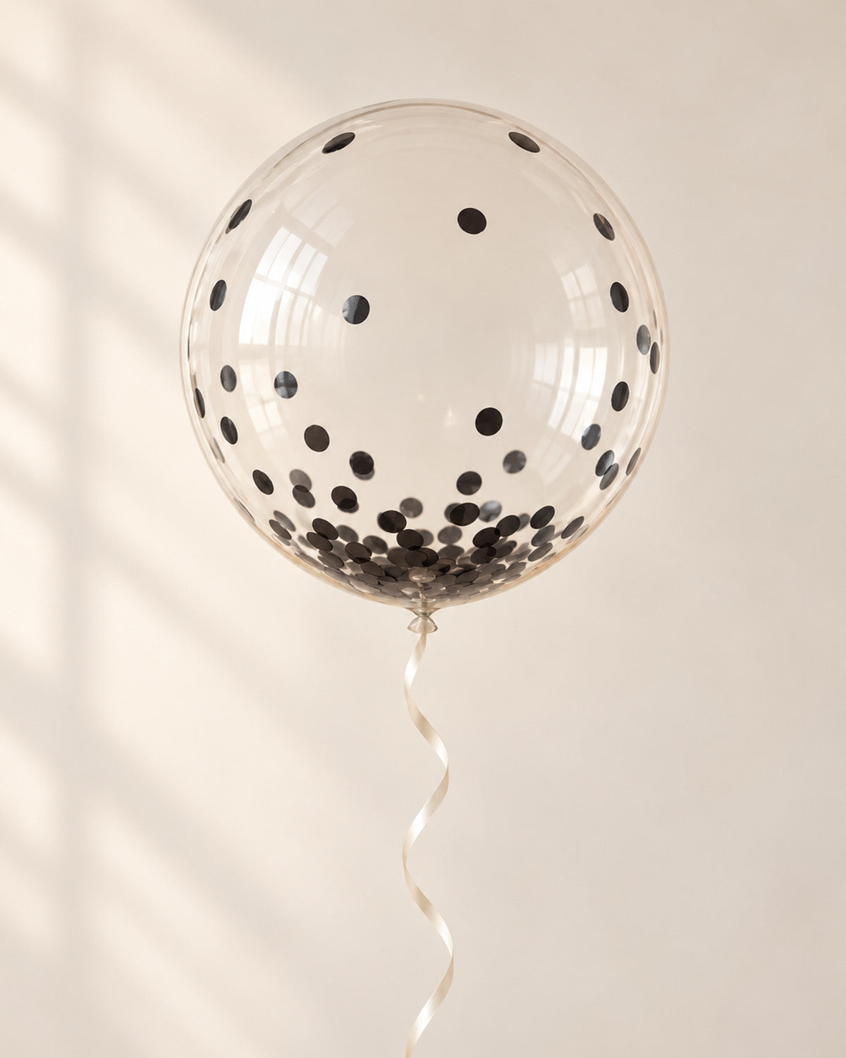 Clear bubble balloon filled with black round confetti and finished with an ribbon