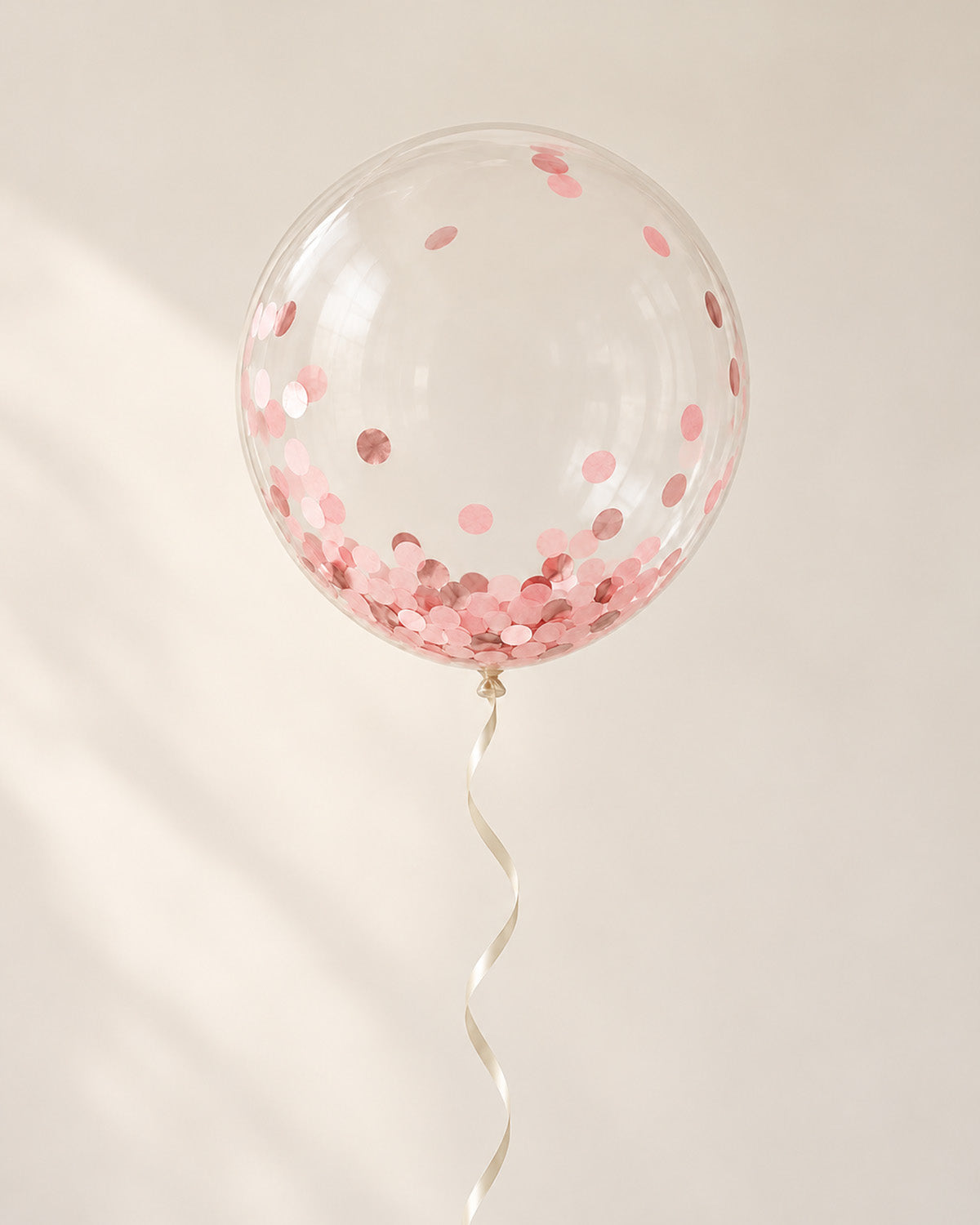 Clear bubble balloon filled with pink round confetti and finished with an ribbon