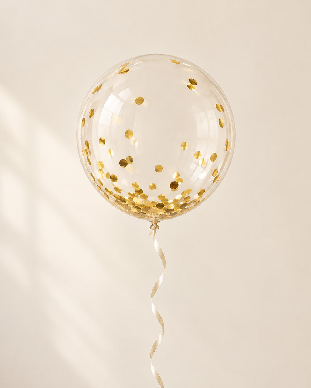 Clear bubble balloon filled with gold round confetti and finished with an ribbon
