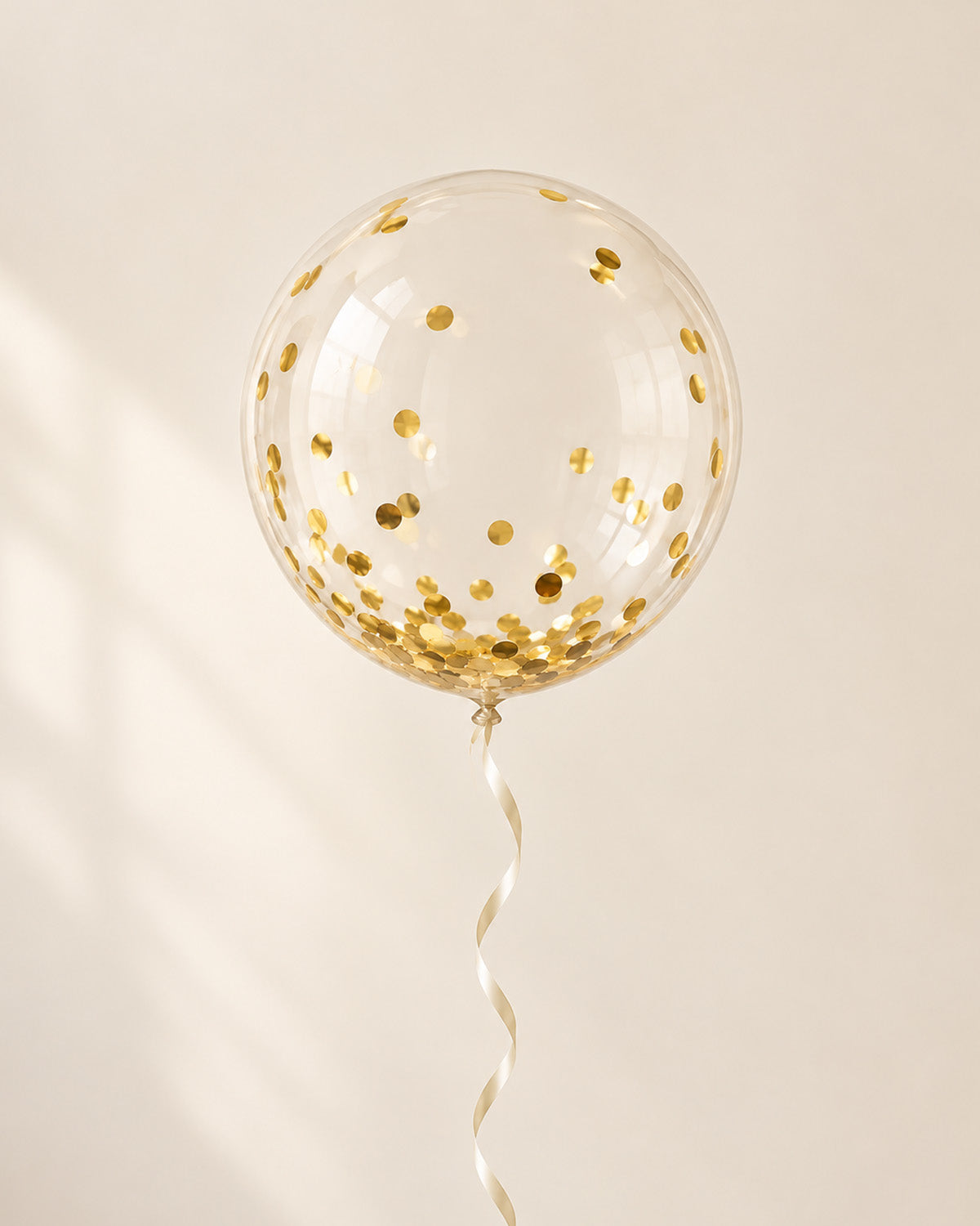 Clear bubble balloon filled with gold round confetti and finished with an ribbon