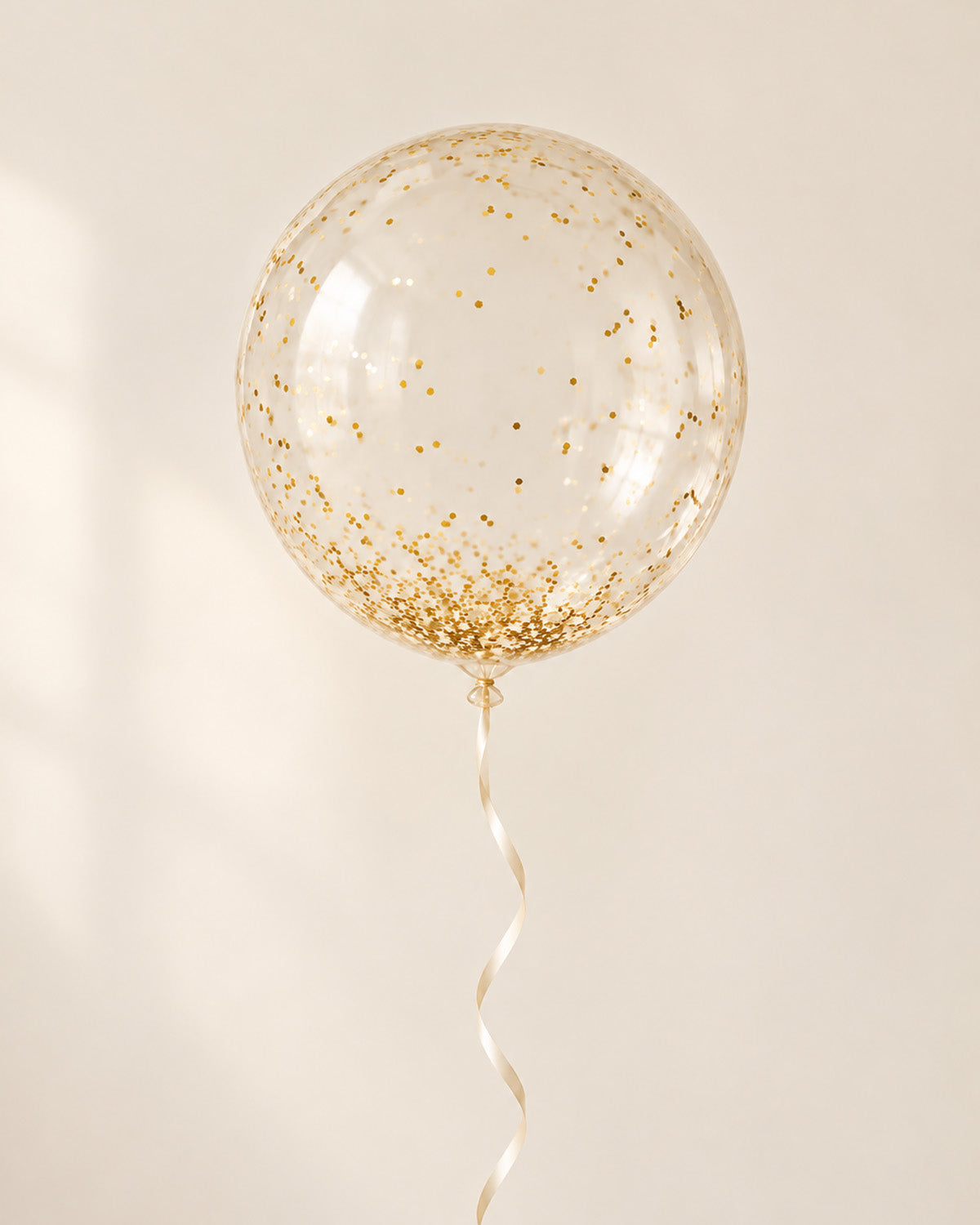 Clear bubble balloon filled with gold sparkle and finished with an ribbon