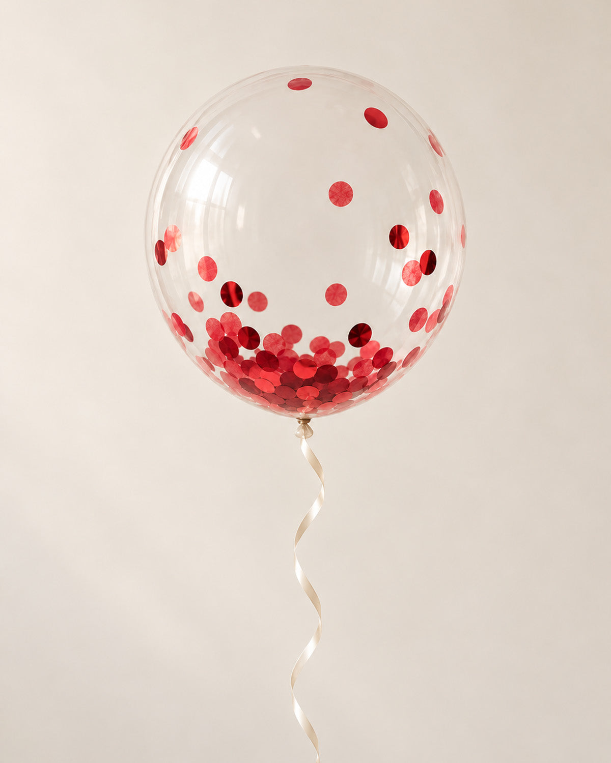 Clear bubble balloon filled with red round confetti and finished with an ribbon