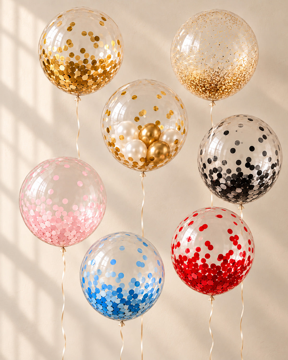 Seven clear bubble balloons with gold, blush pink, baby blue, and black confetti, red confetti, gold sparkle, and gold-and-ivory mini balloons, finished with ivory ribbons.
