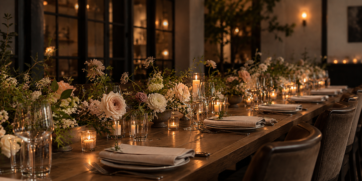 Elegant candlelit event table with seasonal floral arrangements, glassware, and place settings