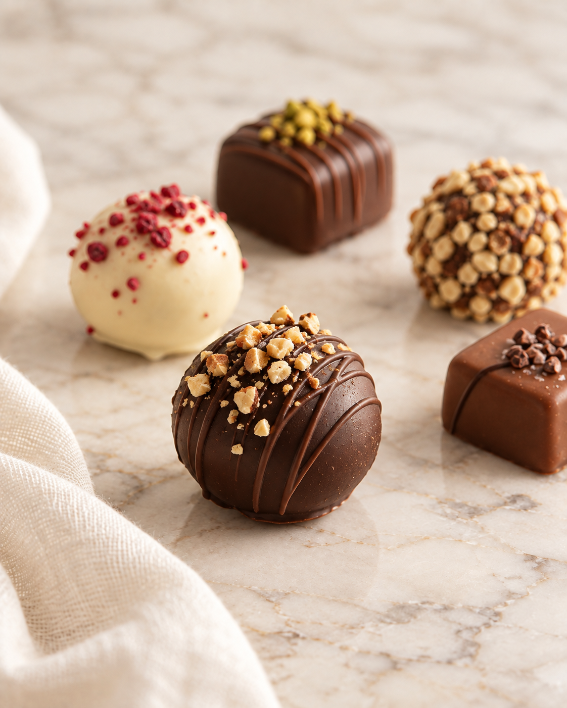 Abstract arrangement of assorted chocolates