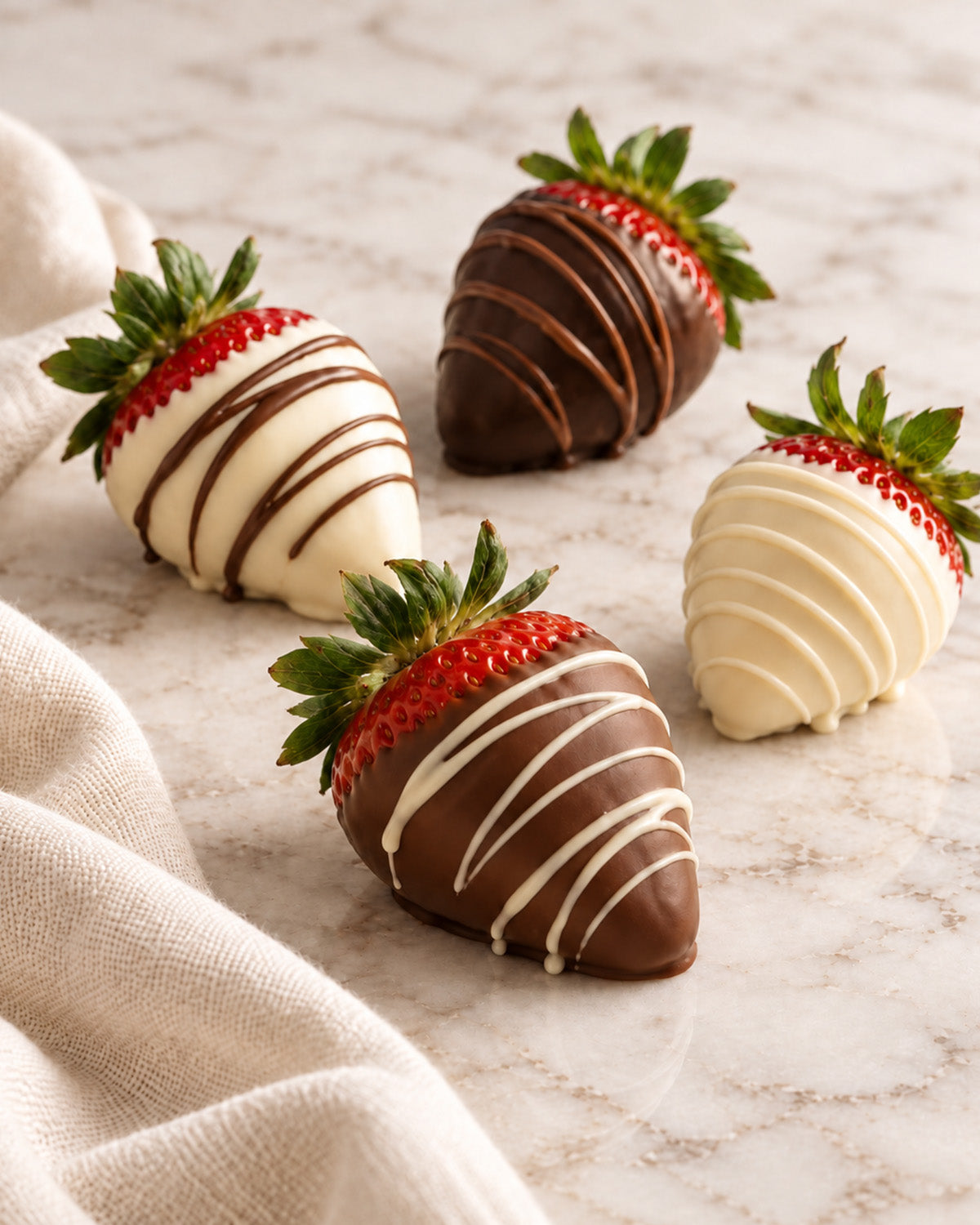 Abstract arrangement of chocolate-dipped strawberries