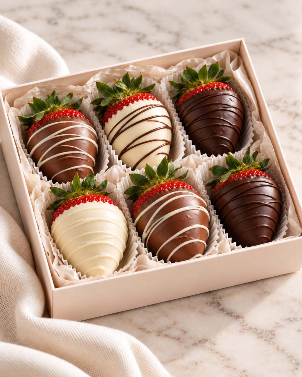 Half-dozen chocolate-strawberries in a gift box