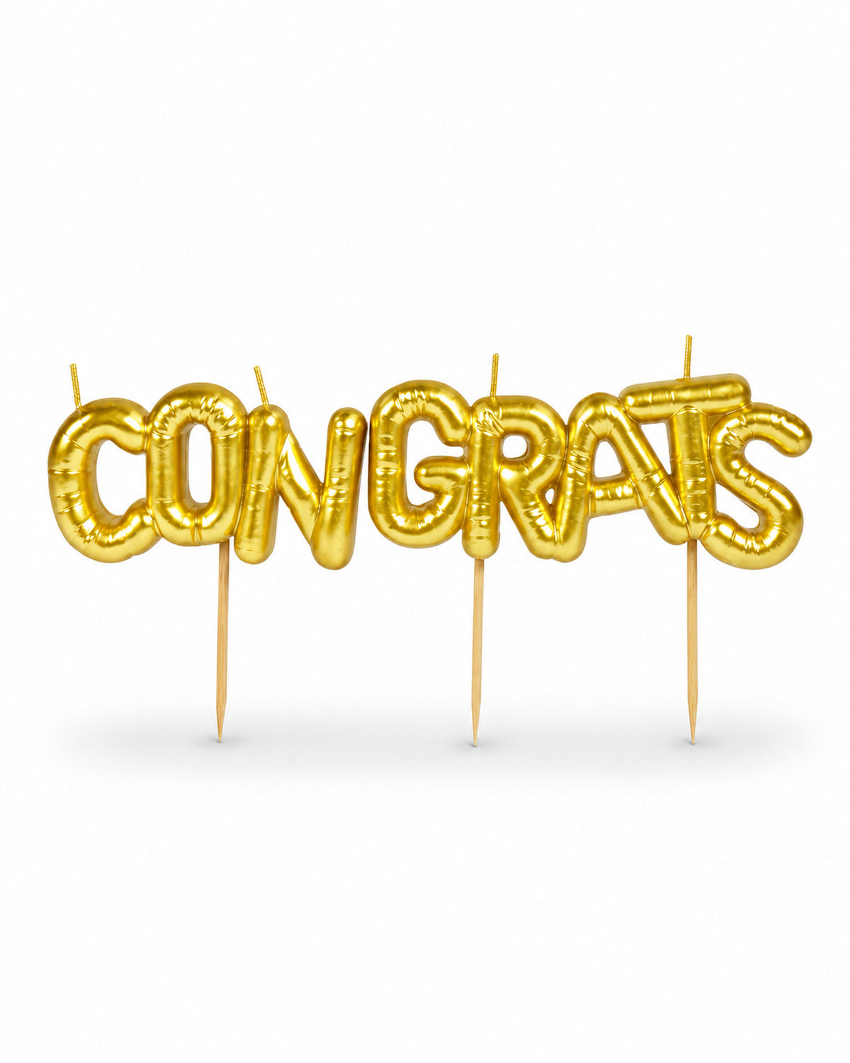 Gold balloon-style letter candles spelling "CONGRATS"