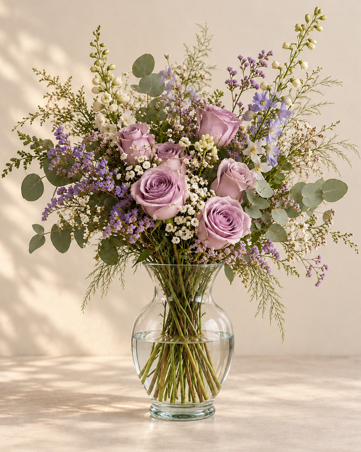 Lilac Haze bouquet with lavender roses, purple and white flowers, and eucalyptus in a clear glass vase