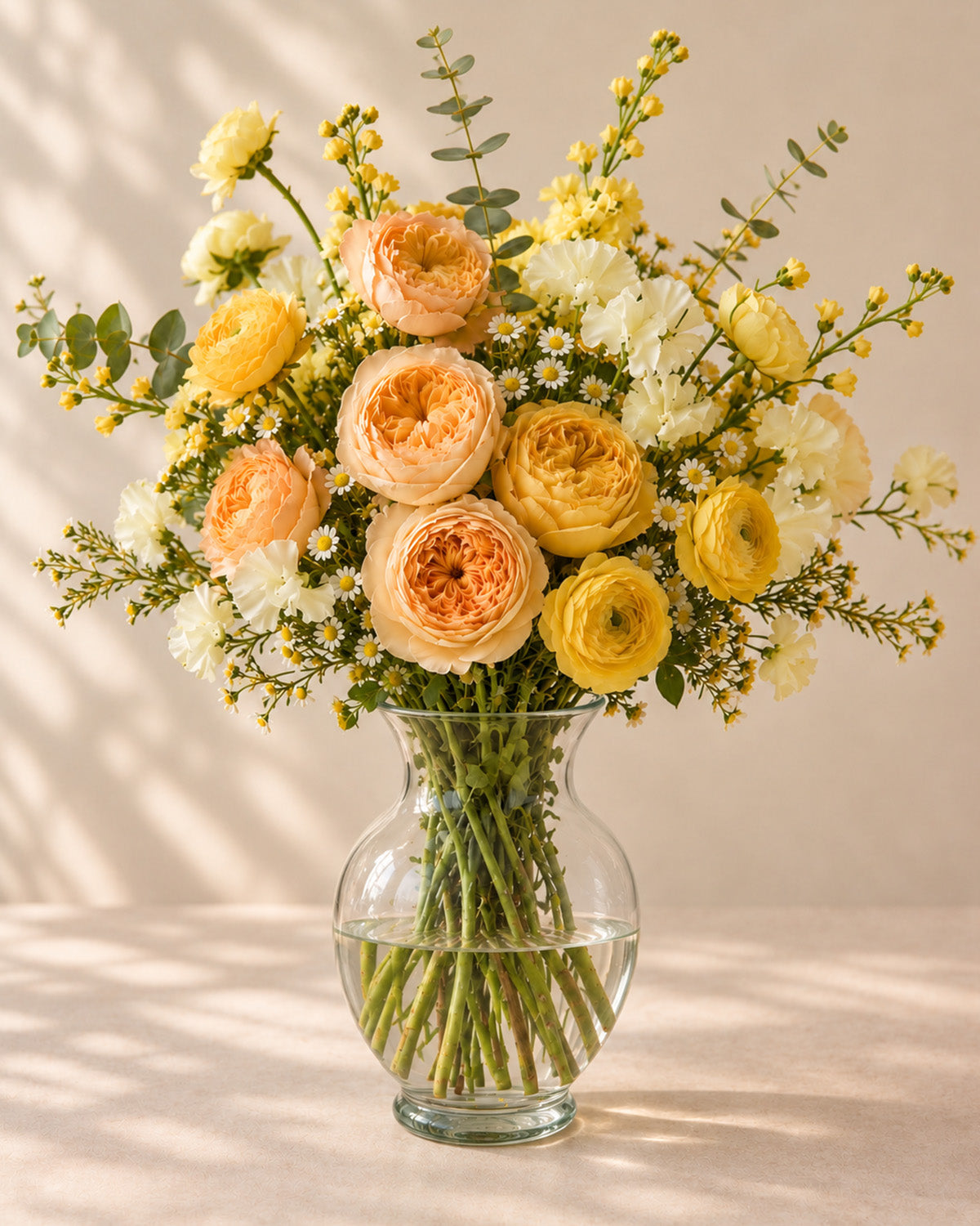 Champagne Morning bouquet with peach garden roses, yellow ranunculus, white flowers, and eucalyptus arranged in a clear glass vase