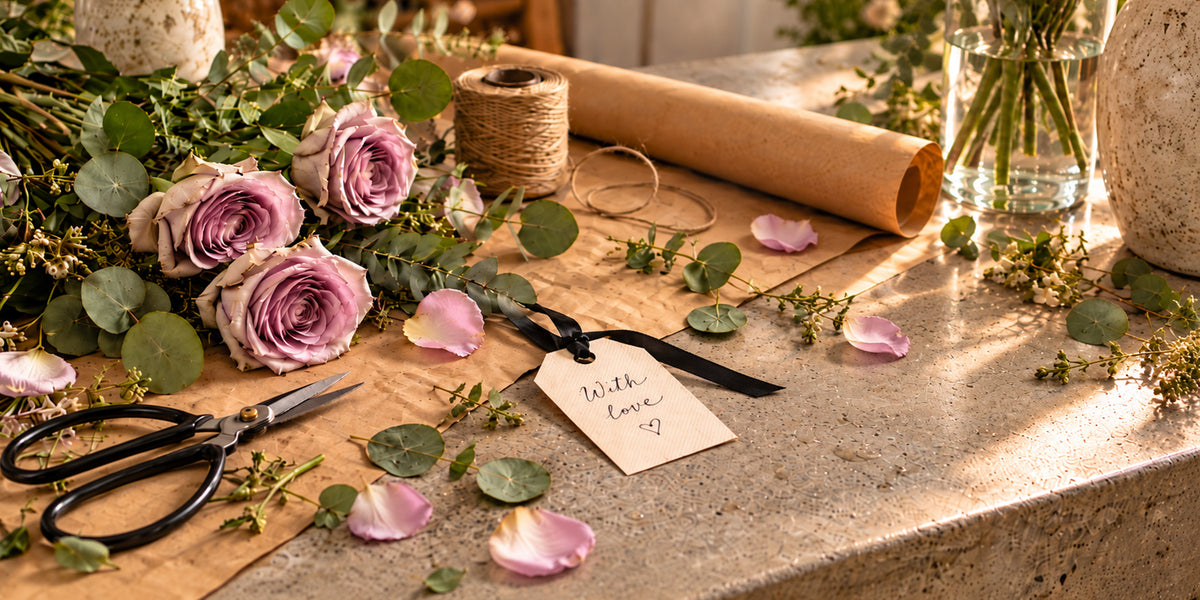 Lavender roses, eucalyptus, floral shears, ribbon and wrapping paper arranged on a florist worktable.