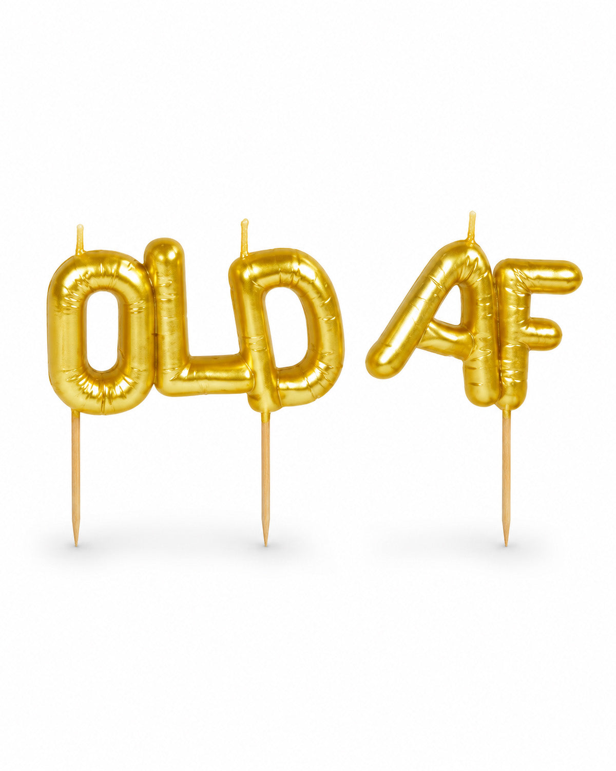 Gold balloon-style letter candles spelling "OLD AF"