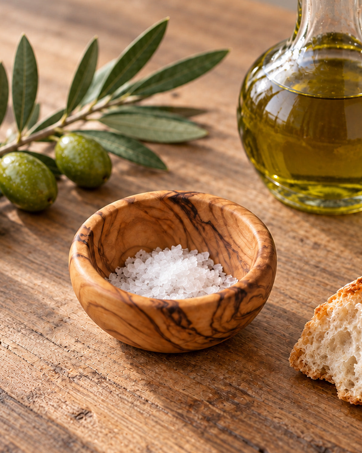 Olive wood pinch bowl filled with coarse sea salt beside olive oil, fresh olives, and bread on a wooden table