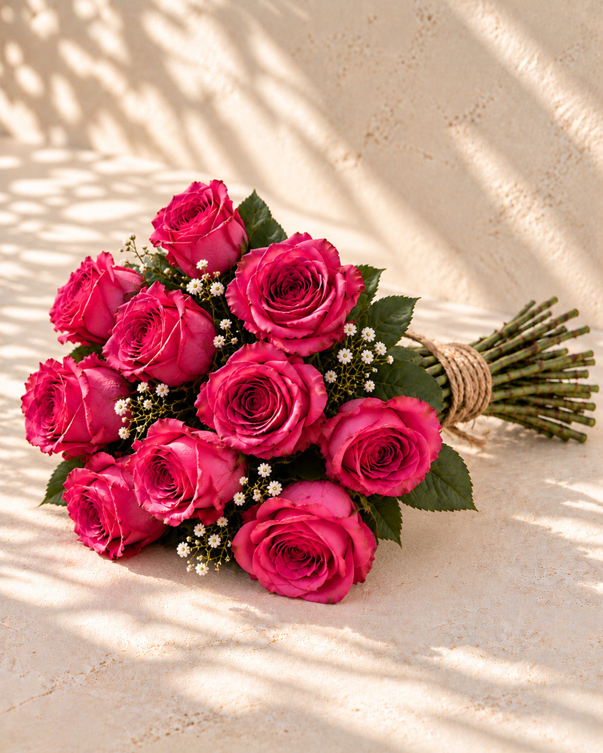 Fuchsia roses with baby's breath, greenery, and twine