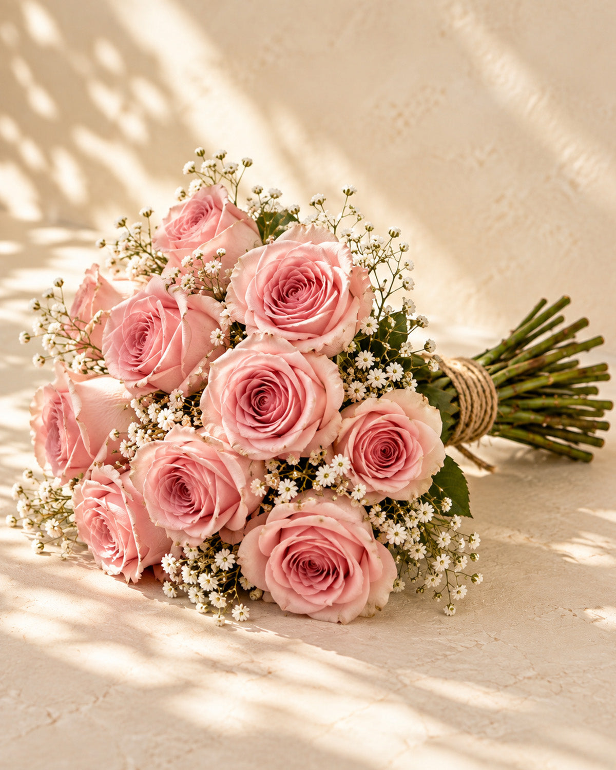 Blush roses with baby's breath, greenery, and twine
