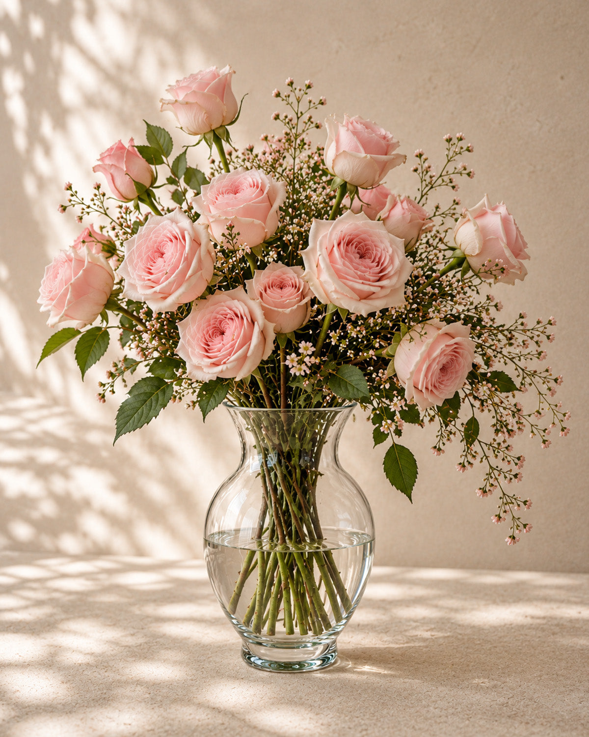 Blush roses with baby's breath in a clear glass vase