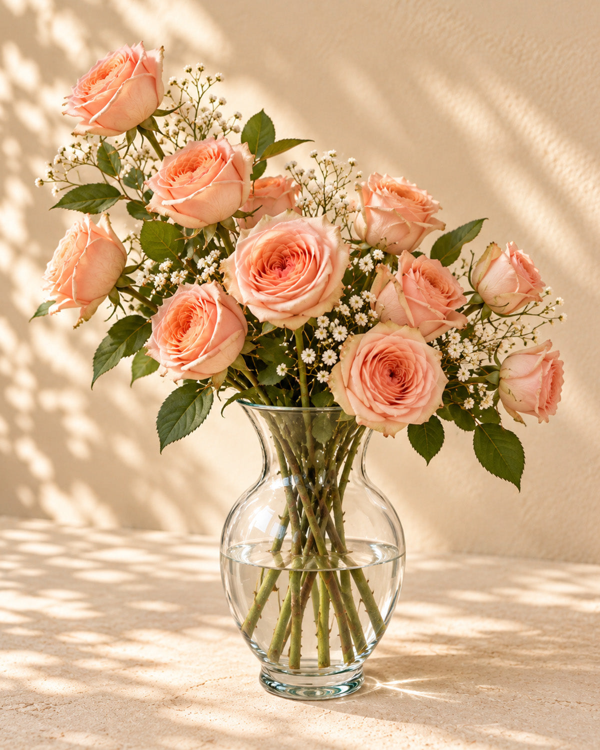 Peach roses with baby's breath in a clear glass vase