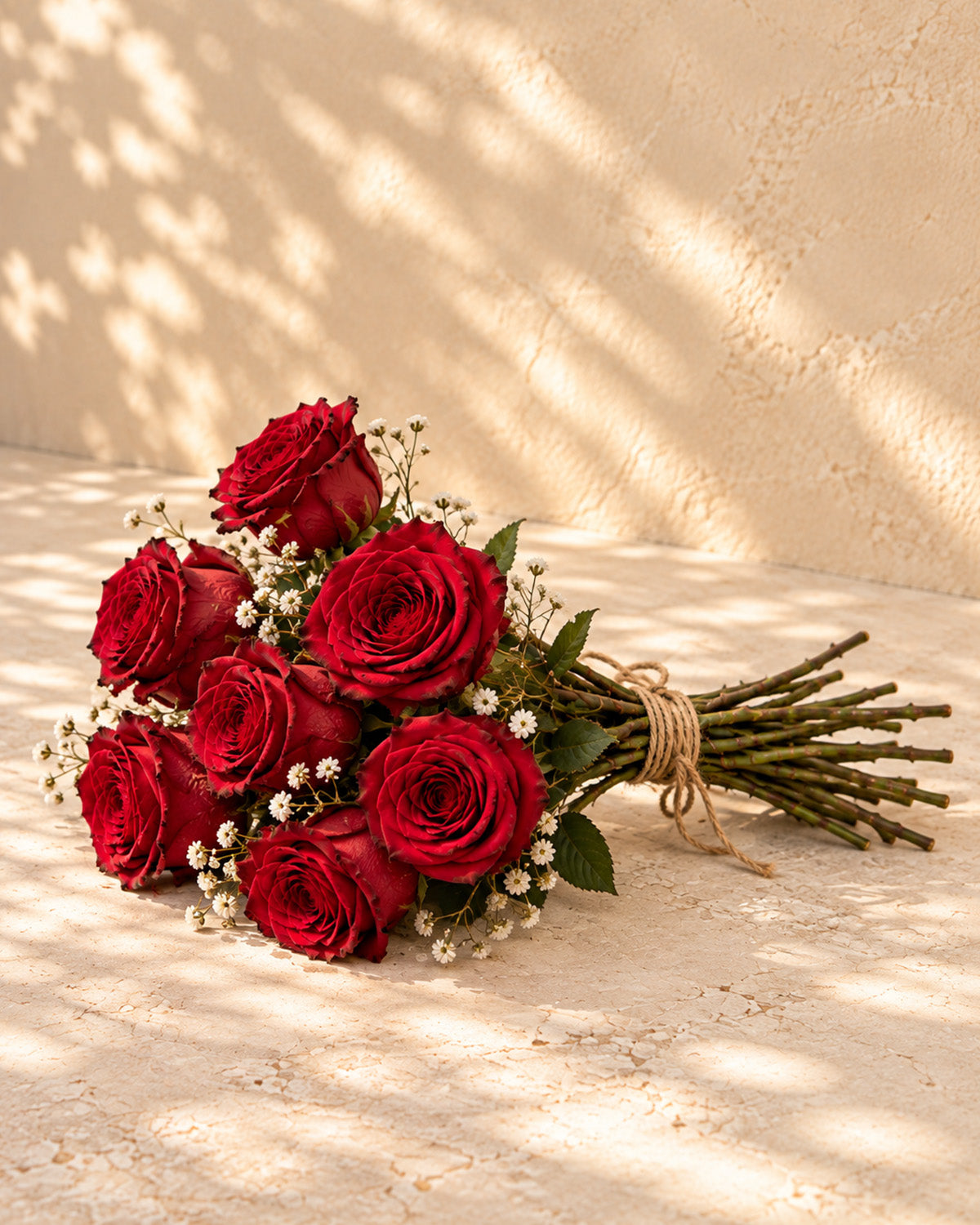 Red roses with baby's breath, greenery, and twine