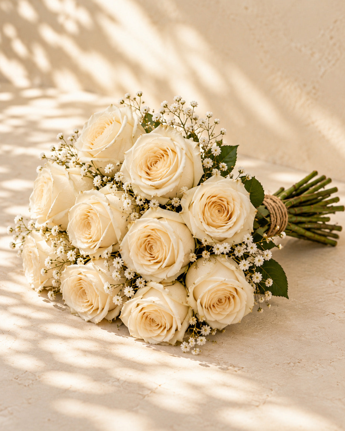 White roses with baby's breath, greenery, and twine