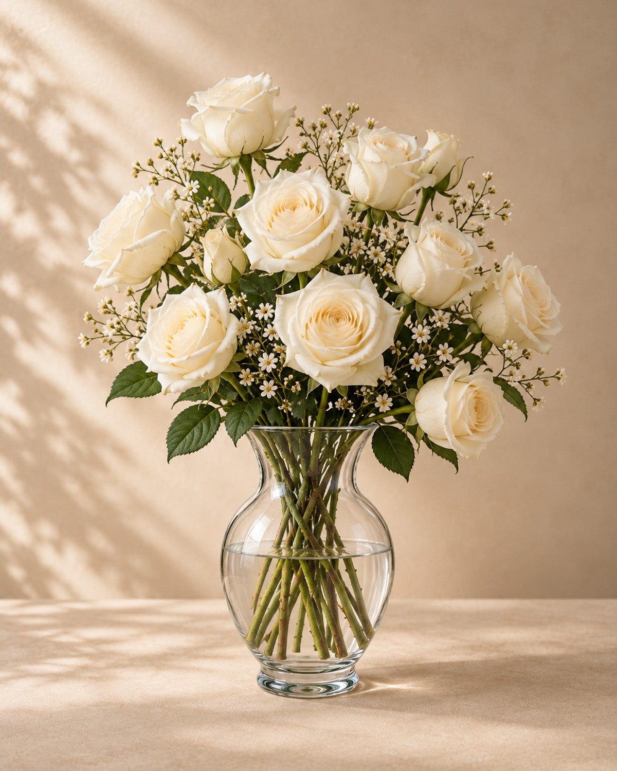 White roses with baby's breath in a clear glass vase