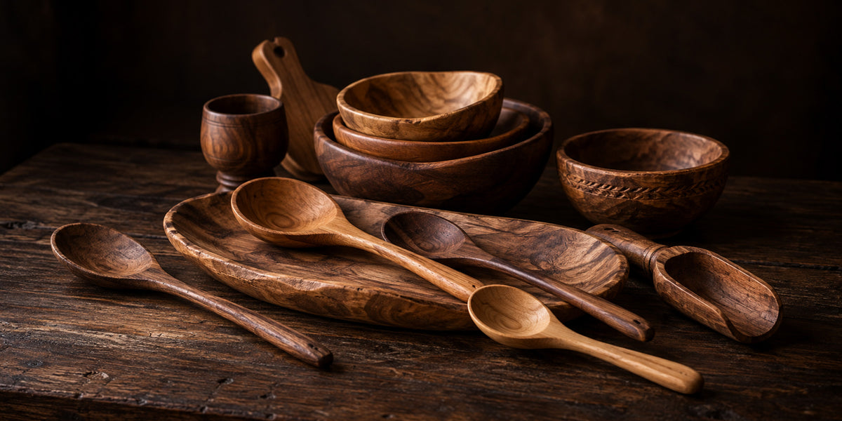 Handcrafted wooden bowls, spoons, and a serving tray arranged on a dark wood table